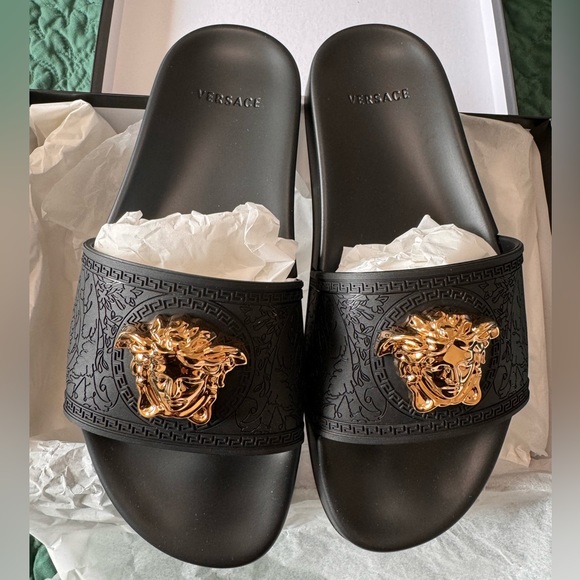 Versace Shoes - New Versace Medusa Palazzo Pool Slides Size 38 Black and Gold
